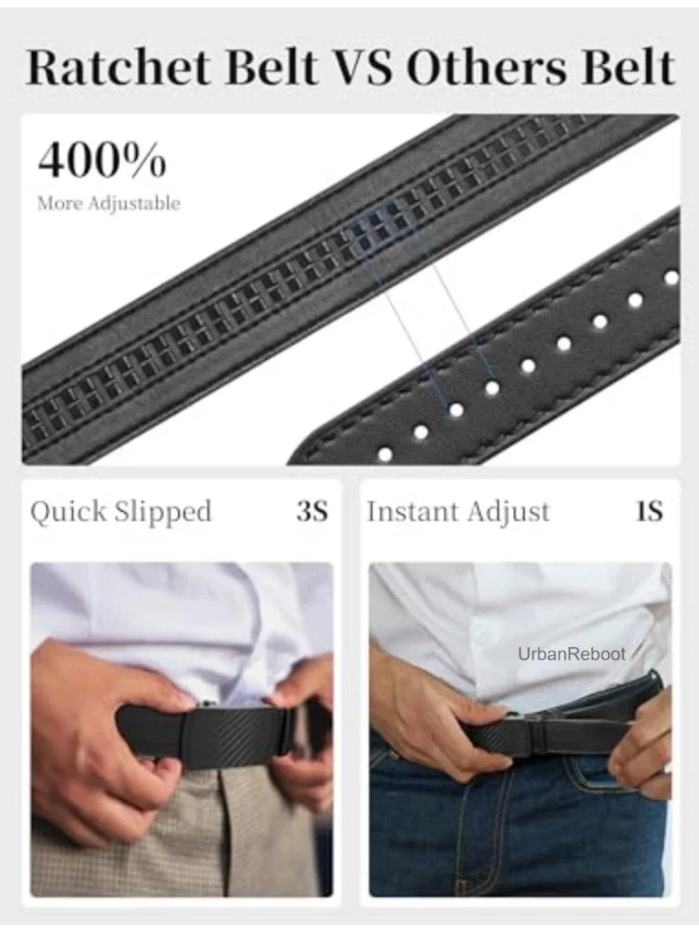 Men's Ratchet Leather Belt Adjustable Trim to Fit Dress Jeans